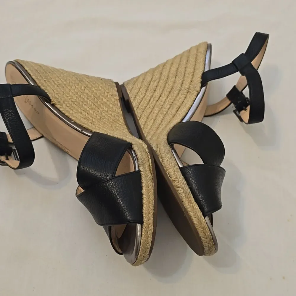 COLE HAAN ☆‎ Hart Criss Cross Wedge Espadrille Sandals Black Leather Size 10B